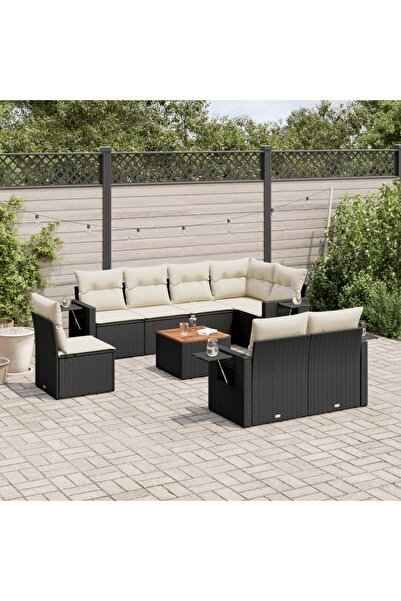 vidaxl Set mobilier de gradina cu perne, 9 piese, negru, poliratan