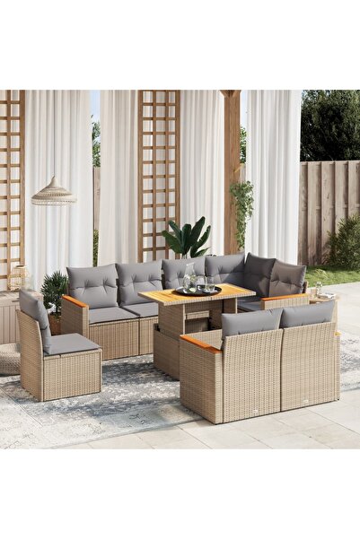 vidaxl Set canapele de gradina, 9 piese, cu perne, bej, poliratan