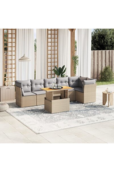 vidaxl Set canapele de gradina, 7 piese, cu perne, bej, poliratan