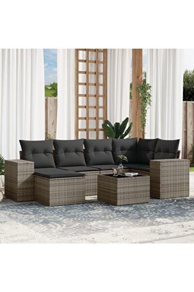 vidaxl Set canapele de gradina, 7 piese, cu perne, gri, poliratan
