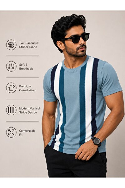DİO Premium Men’s Sky Blue Twill Jacquard Striper T-Shirt | Soft Breathable C...