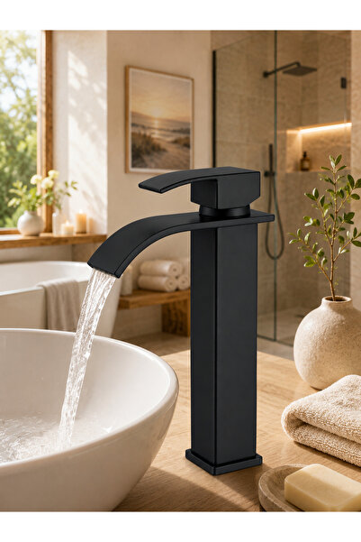 MUSLUQ Rocciarmatur Mat siyah lavabo bataryası Çanak lavabo uyumlu şelale akı...