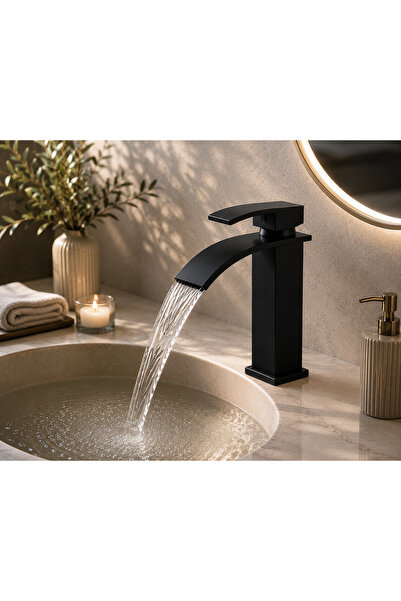 MUSLUQ Rocciarmatur Mat siyah kare lavabo bataryası-Şelale akışlı kare gövde ...