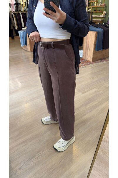 EYYE BUTİK Yumuşak Dokulu Kemerli Havuç Model Pantolon Kahve