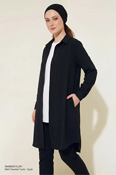 buğrahayalin Women's Shirt Collar Buttoned Sleeves Basic Cotton Black Hijab T...