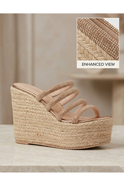 POLENS Straw Sole Platform Wedge Heeled Crystal Stone Sandals Slippers