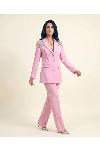 Orvelia Omuz Kristal Saçak Detaylı Tailored Pembe Blazer Ceket Ve Pantolon Ta...