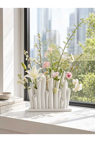 Dropcek eticaret Bambu Tasarım Dekoratif Vazo Beyaz Modern Minimal Çiçeklik M...