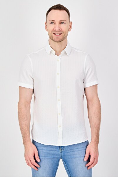 Ike Behar Men Regular Fit Textured Short Sleeve Casual Shirt, White