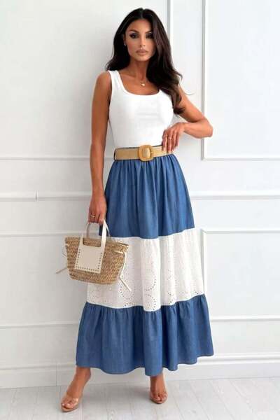 FashionForYou YNNA A-line long skirt with English embroidery and belt, BLUE, ...