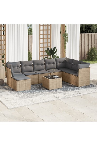 vidaxl Garden sofa set, 9 pieces, with cushions, beige, polyrattan