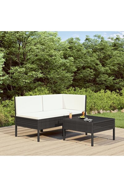 vidaxl Set mobilier de gradina cu perne, 3 piese, negru, poliratan