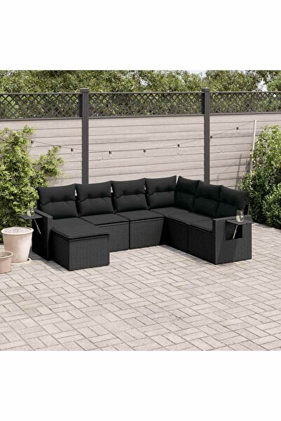 vidaxl Garden sofa set with cushions, 7 pieces, black, polyrattan