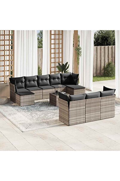 vidaxl Garden sofa set with cushions, 11 pieces, grey, polyrattan