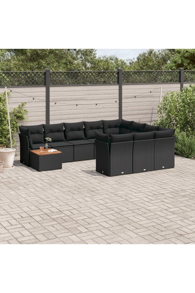 vidaxl Garden sofa set with cushions, 11 pieces, black, polyrattan
