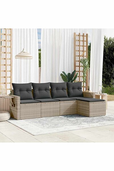 vidaxl Garden sofa set with cushions, 5 pieces, light grey, polyrattan