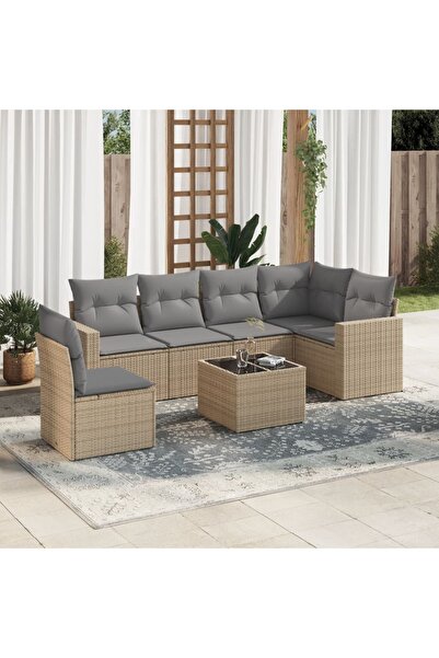 vidaxl Set canapele de gradina, 7 piese, cu perne, bej, poliratan