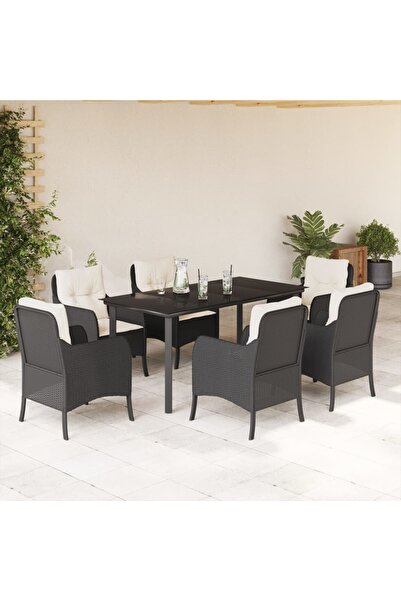 vidaxl Set mobilier de gradina cu perne, 7 piese, negru, poliratan