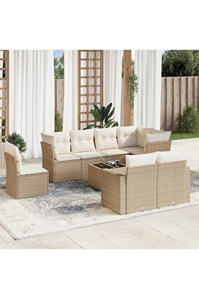 vidaxl Set canapele de gradina, 9 piese, cu perne, bej, poliratan