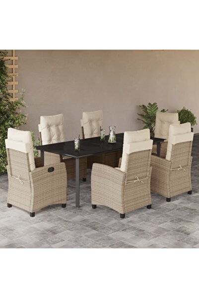 vidaxl Set de masa pentru gradina, 7 piese, cu perne, bej, poliratan