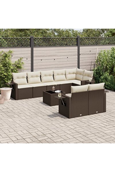 vidaxl Garden sofa set with cushions, 9 pieces, brown, polyrattan