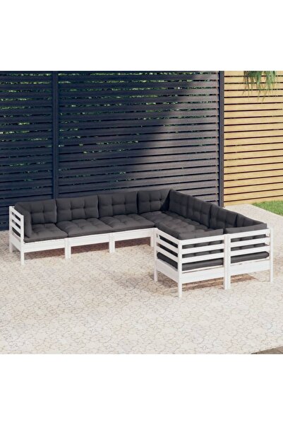 vidaxl Set mobilier de gradina cu perne, 8 piese, alb, lemn masiv pin