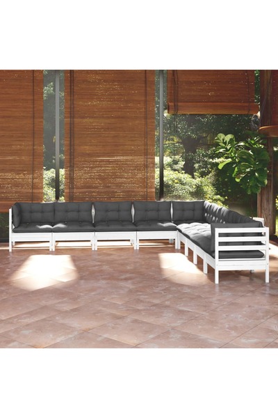 vidaxl Set mobilier de gradina cu perne, 9 piese, alb, lemn masiv pin