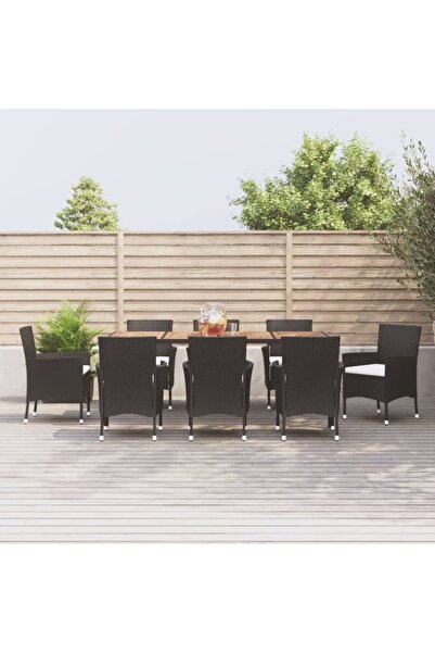 vidaxl Garden furniture set with cushions, 9 pieces, black, polyrattan