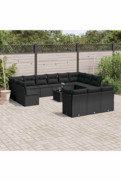 vidaxl Garden furniture set with cushions, 14 pieces, black, polyrattan