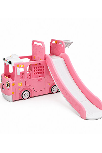 Nichiduta Garden Happy Bus Pink 3-in-1 playground with slide, basketball hoop...