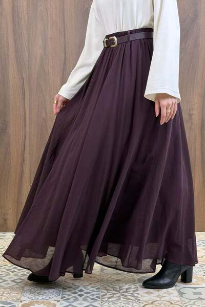 Faya Boutique Mürdüm Ceinture Kemerli Keten Etek