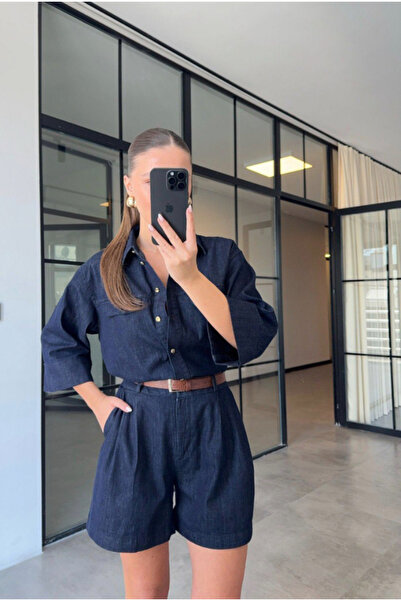 FEMMESTUDIO Women's Navy Blue Shirt & Shorts Belted Denim Set
