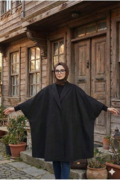 Reyyan Tasarım ŞEHNAZ Geniş Kollu Kaşe Panço – Kruvaze Yaka, Düğmeli, Oversiz...