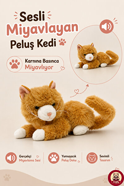 giffy Oyuncak Sesli Miyavlayan Peluş Kedi 36 CM Karnına Basınca Ses Çıkaran Y...
