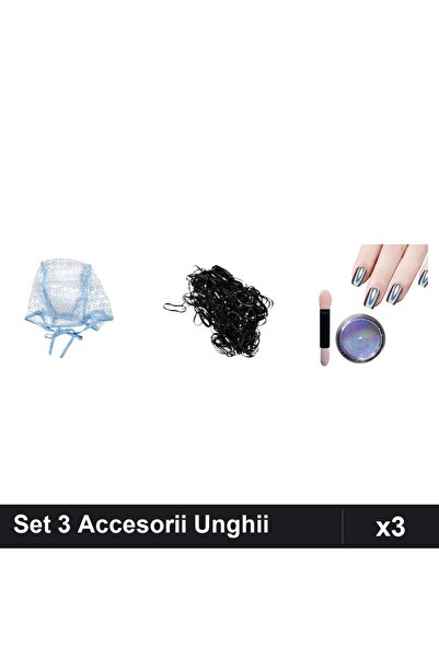 Makeup Set 3 Accesorii Unghii - Casca Suvite, Elastice Silicon, Pigment Holog...