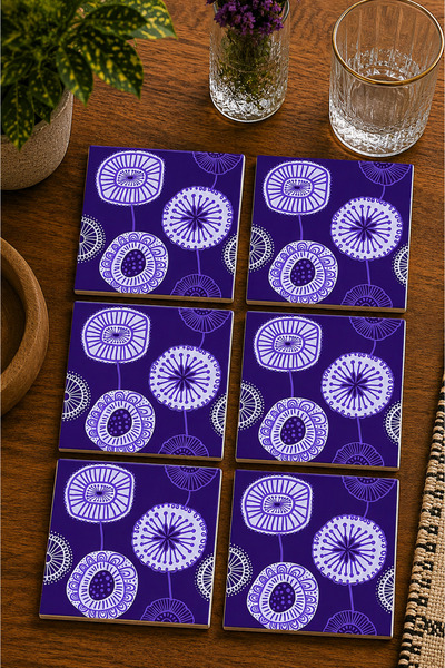 JHAAR Minimalist Modern Set of 6 Coasters with Abstract Floral Illustration -...