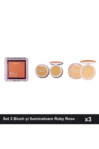 Makeup Set 3 Blush și Iluminatoare Ruby Rose, Compact BL10 + Celestial Shine ...