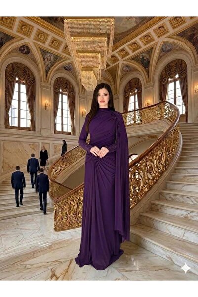 Kenzel Long Sleeve Stone Embellished One Sleeve Cape Long Evening Dress