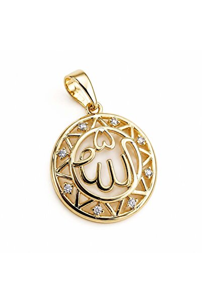 Zeino Allah Yazılı Zirkon Taşlı Kolye Ucu - 14k Altın Kaplama - 18 x 26 mm
