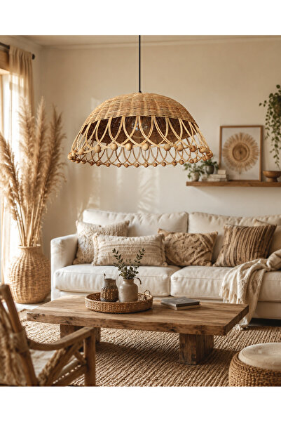 Turkish Belkıs Rattan Rattan Bambu Hasır Makrome Sarkıt Avize 50 cm
