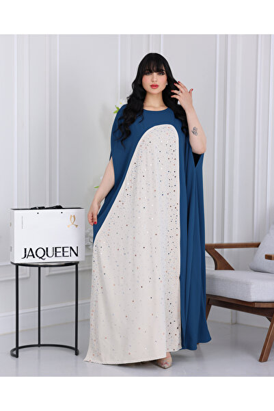 JAQUEEN Royal Blue and Beige Jalabiya with Luxurious Cape Design