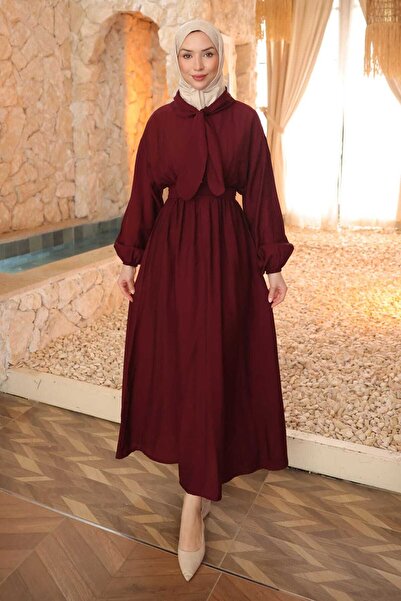 İmajButik Rochie cu guler burgundy și talie elastică