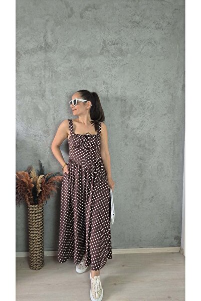 Butik PUANTİYE DESENLİ ASKILI UZUN ELBİSE