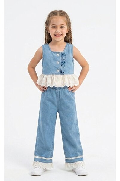 noble baby&kids Girl's 100% Cotton Denim Look Double Set with Lace Detail - J...