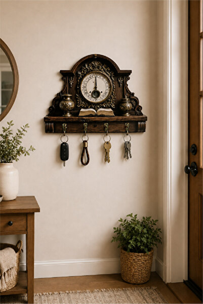 no77decor Vintage Saat ve Kitap Temalı Dekoratif Duvar Askılı Anahtarlık – 3D...