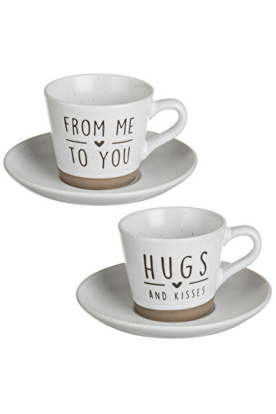 Zumzeria Set of 2 Brown Ecru Ceramic Cups with Saucer & Messages 250ml