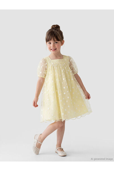 LC Waikiki Nevavm Square Collar Daisy Printed Girls' Tulle Dress with a Diffe...