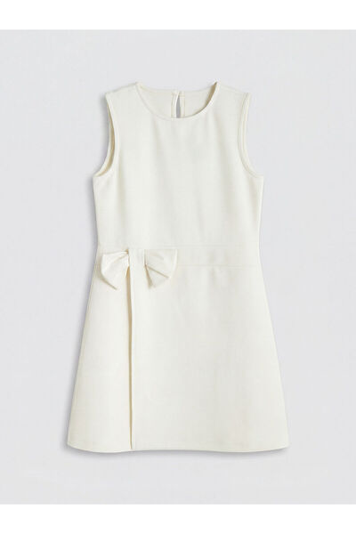 LC Waikiki Ecru Crew Neck Bowknot Girls' Dress