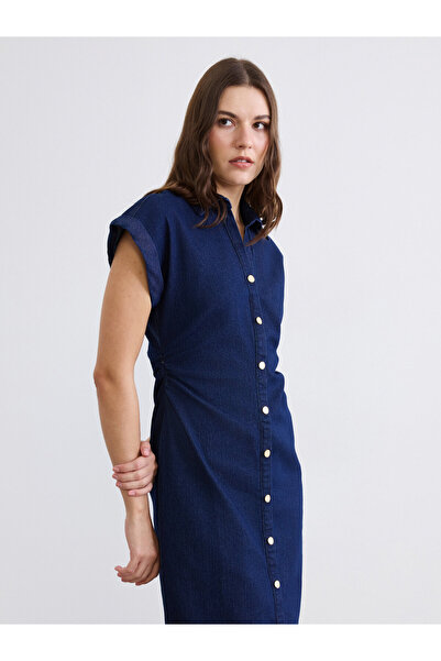 LC Waikiki Rochie din denim cu guler și încrețituri