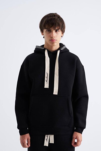Machinist Erkek Nakış Detaylı Kapüşonlu Sweatshirt Siyah